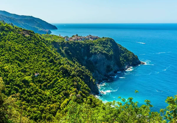 View Coastal Path Picturesque Cliff Top Village Corniglia Italy Summertime — Stock Photo, Image