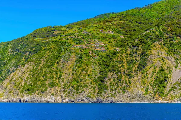 Kilátás Szikla Tetején Falvak Ült Sziklák Cinque Terre Partján Közelében — Stock Fotó