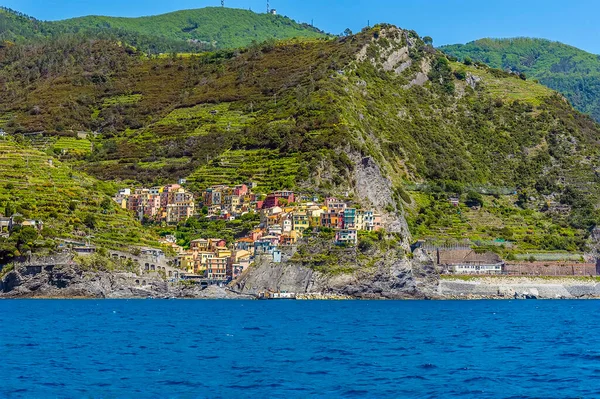 Vista Mar Para Aldeia Cinque Terre Estação Manarola Itália Verão — Fotografia de Stock