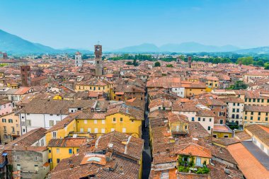 Dar bir sokak, yazın İtalya 'nın Lucca kentinin çatı manzarasını inceliyor.