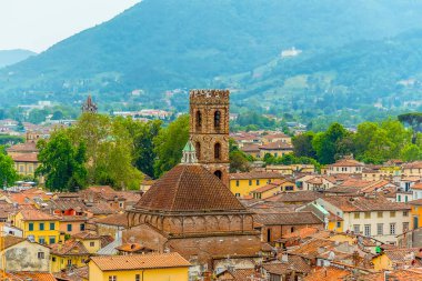 İtalya 'nın Lucca kentindeki kulelerin ve çatıların Guinigi Kulesi' nden bir manzara