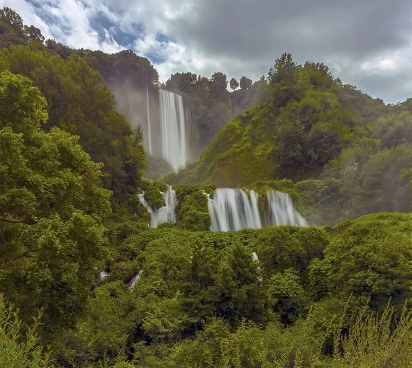 stock image A long exposure panorama side view of the Roman waterfalls at Marmore, Umbria, Italy in summer