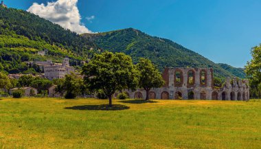 Yazın İtalya 'nın Gubbio kentinin önündeki Roma amfitiyatrosunun kalıntılarına doğru bir park manzarası
