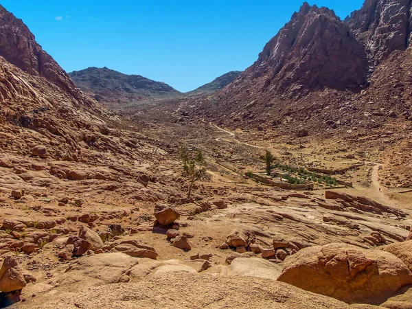 Pohled Úpatí Hory Sinaj Egypt Směrem Klášteru Kateřiny Létě — Stock fotografie