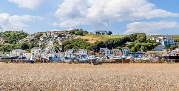 Una Vista Panorámica Playa Del Casco Antiguo Hastings Sussex Con — Foto de Stock