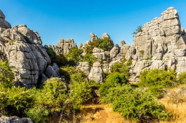İspanya 'nın Antequera kenti yakınlarındaki El Torcal' ın Karst arazisindeki yıpranmış kireçtaşı yığınları arasındaki yolun manzarası.
