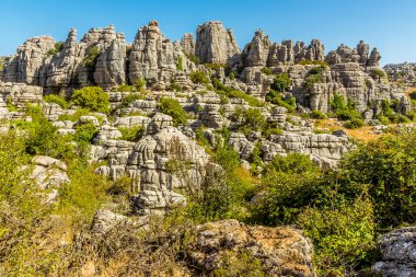 Yazın İspanya 'nın Antequera kenti yakınlarındaki El Torcal' ın Karst arazisindeki yıpranmış kireçtaşı yığınlarının ve uçurum yüzeyinin görüntüsü.