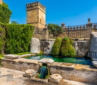 Savunma kuleleri ve güçlendirilmiş duvarlar yazın İspanya 'nın Cordoba kentindeki tenha bir su bahçesini koruyor.