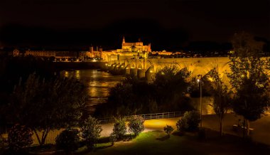 Aydınlatılmış Roma köprüsü ve İspanya 'nın eski Cordoba kenti yazın geceleri nehir kıyısından izleniyordu.