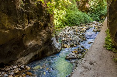 Los Cahorros nehrinin ve Monachil nehrinin Sierra Nevada dağlarındaki bir tünelden çıkışını gösteren bir manzara.