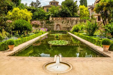 Lily göletleri Alhambra bölgesinde yaz güneşinde parıldıyor, Granada
