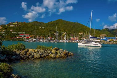 Road Town, Tortola 'da bir marinada demirlemiş yatların manzarası.