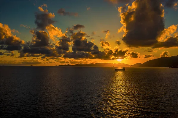View Small Tanker Silhouetted Setting Sun Tortola — Stock Photo, Image