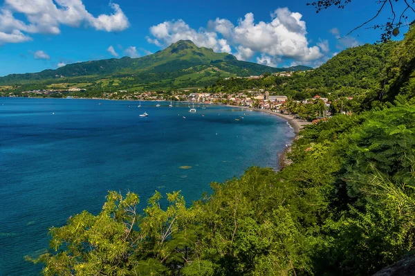 Saint Pierre kasabası ve Martinique 'deki Pelee Dağı' na doğru uzanan bir manzara.