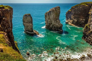 Yazın Galler 'in Pembrokeshire sahilinde üreyen Raverbill Martıları' nın yaşadığı ıssız bir körfez boyunca uzanan bir manzara.