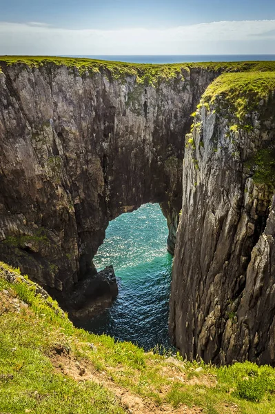 View Geo Collapsed Cave Only Entrance Remaining Pembrokeshire Coast Wales — Stock Photo, Image