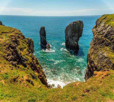 Yazın başında Galler 'in Castlemartin yakınlarındaki Pembrokeshire kıyısındaki Stack Rocks' un klasik manzarası.