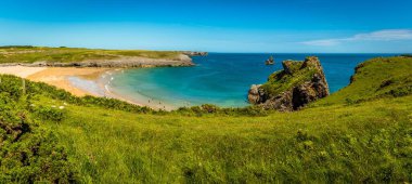 Broad Haven plajı ve Church Rock yaz başında Galler 'in Pembrokeshire kıyısındaki çimenli bir bankadan izlendi.