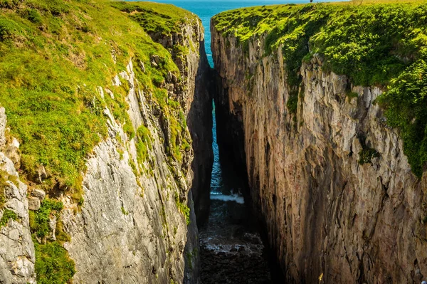 Deep Crevice Huntsman Leap Pembrokeshire Coast Wales Early Summer — Stock Photo, Image