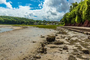 Yazın Galler 'in Laugharne kasabasına doğru Şekerleme nehri boyunca bir manzara