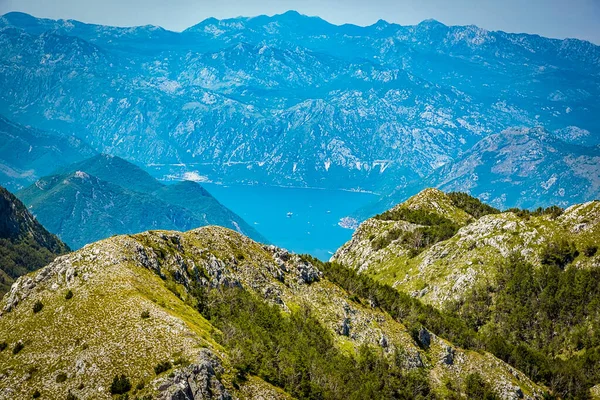 从黑山Cetinje镇附近的Jezerski Vrh山到Kotor和Kotor湾的全景 — 图库照片