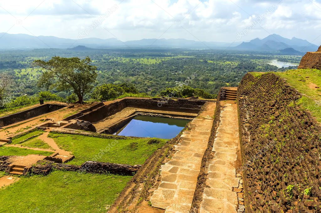 The view along the side of the fortifications at the top of the rock fortress of Sigiriya, Sri Lanka