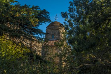 Yazın ağaçların arasından Colchester UK 'deki Norman kalesine doğru bir bakış.