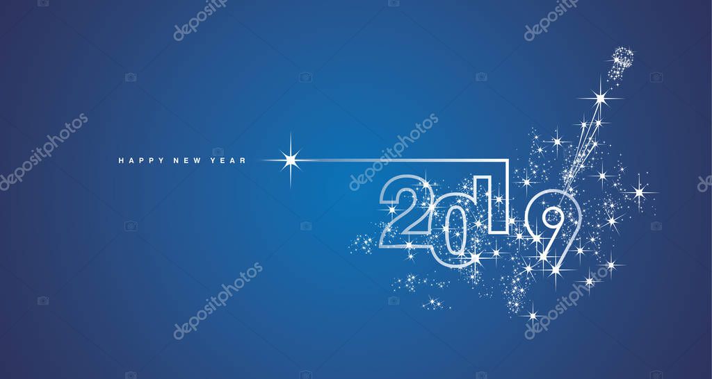 New Year 2019 line design firework champagne white blue vector background logo banner greeting card