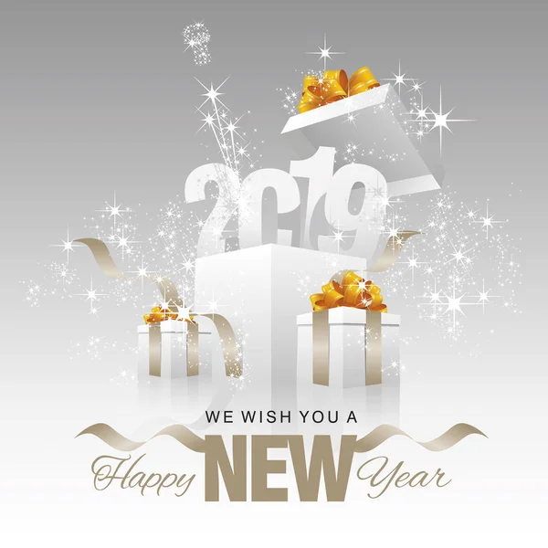 Bonne Année 2019 Feu Artifice Champagne Boîte Argent Gris Fond — Image vectorielle