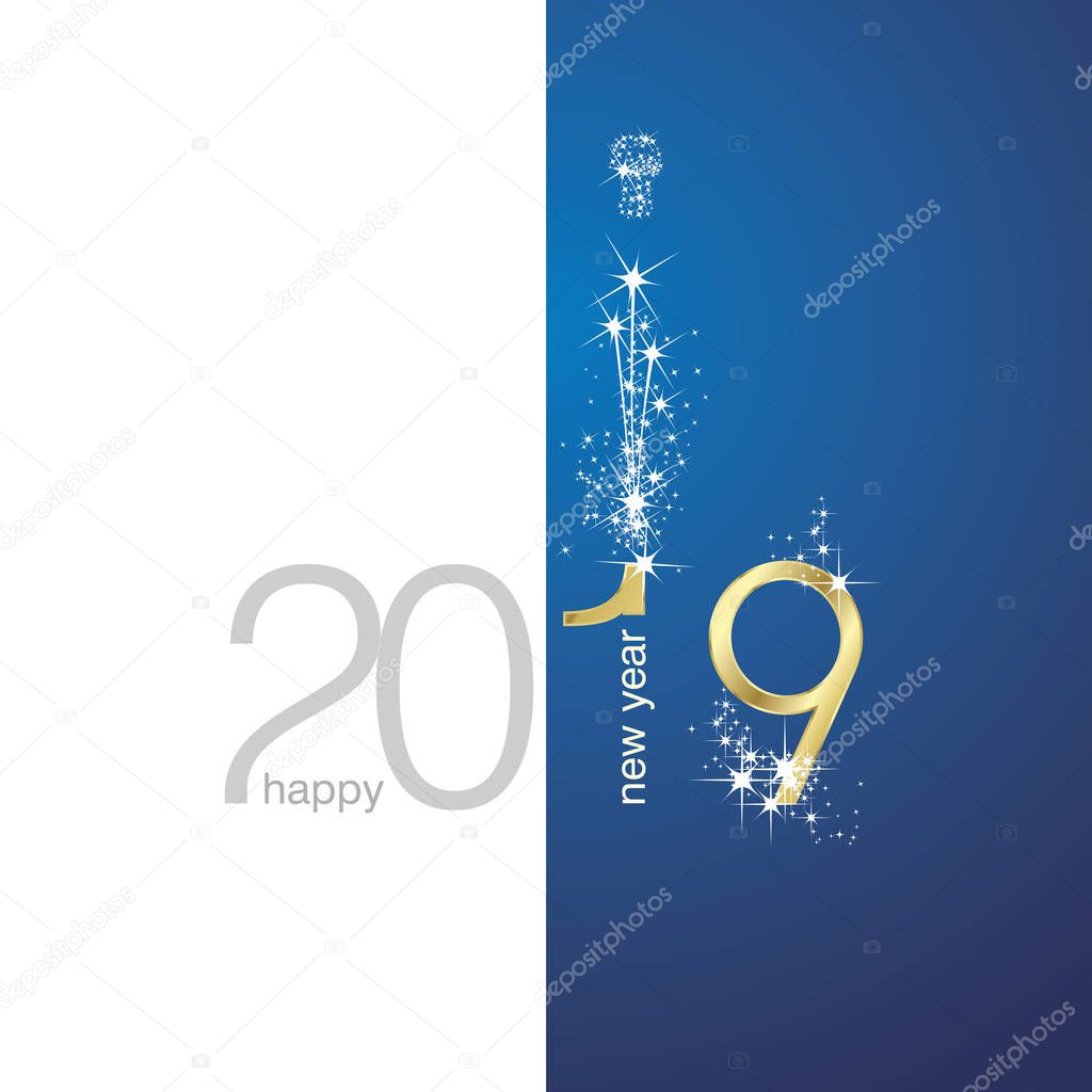 2019 Gold New Year firework champagne spark gold white blue illustration greeting card vector greeting card