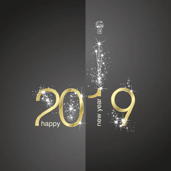 2019 Oro Año Nuevo Champagne Champagne Oro Negro Ilustración Tarjeta — Vector de stock