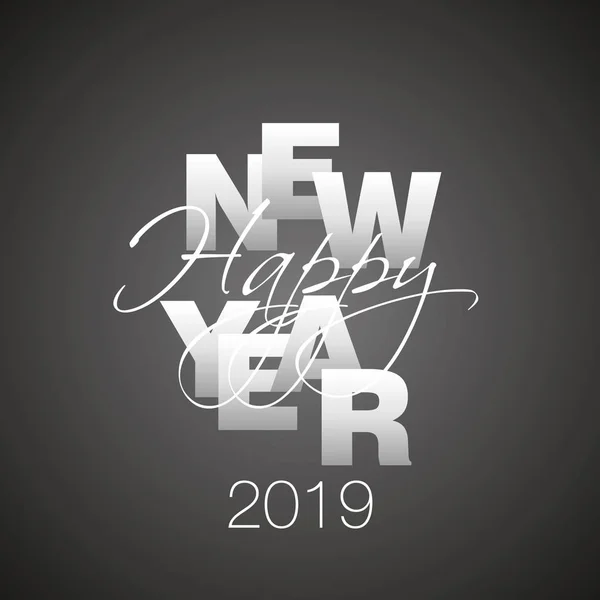 Feliz Año Nuevo 2019 Gris Plata Caligrafía Fondo Negro — Vector de stock