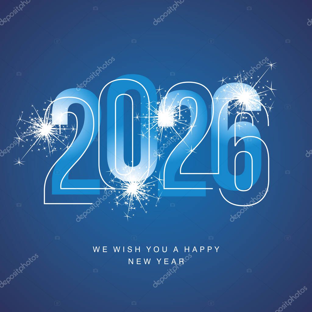 Happy New Year 2026 line and bold light blue shining typography with sparkle firework on blue isolated background icon logo