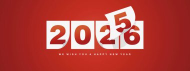 Kırmızı zemin üzerinde yeni yıl 2026 tebrik kartı tasarımı şablonu. Yeni yıl 2026, konsepte başla. Takvim sayfaları rüzgarda dönüyor ve yeni yıl başlıyor.