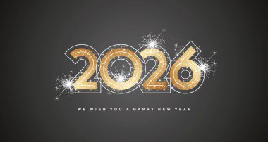 2026 Size mutlu yıllar, modern altın trend, kalın tasarım numaraları, üzerinde neon sayılar ve parlak havai fişek soyut altın sarısı, siyah tebrik kartı diliyoruz.