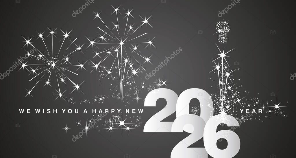 We wish you a Happy New Year 2026 event new elegant style calendar numbers shining silver white black greeting card