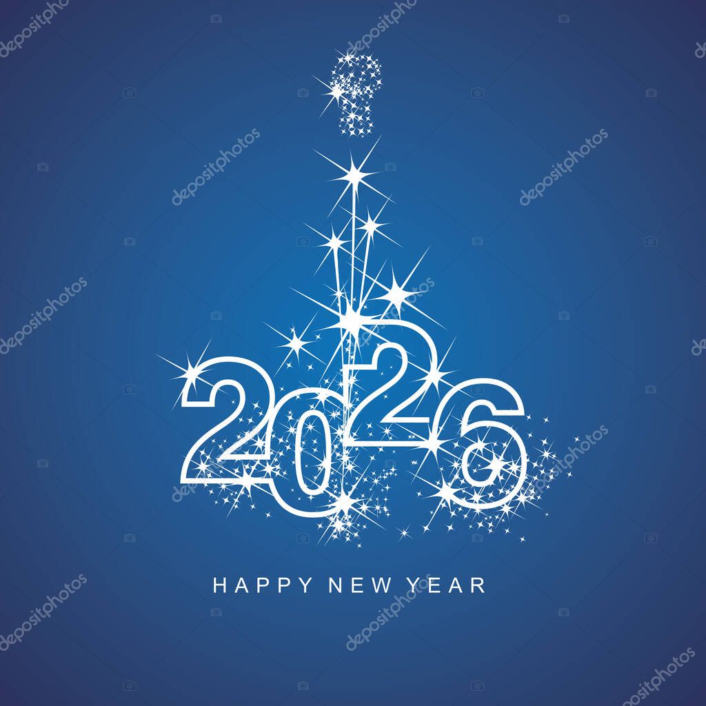 Happy New Year 2026 greetings firework white line design numbers white blue color background
