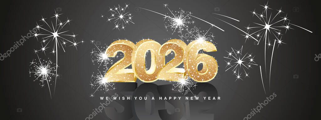 We wish you Happy New Year 2026. New modern 3d concept design. Golden luminous glittering gold 3D 2026 with 2025 in shadows and stars sparkling fireworks on black background
