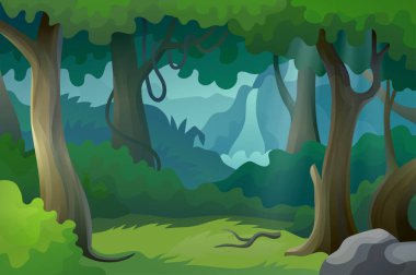 Şelalenin vahşi arka planına sahip çok güzel bir orman manzarası.