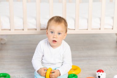 Beşiğin yanında oynayan bir çocuğun portresi, 2 yaşında bir erkek bebek oyuncaklarla oturuyor, erken gelişim.