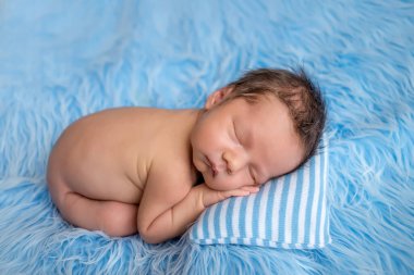 Yeni doğmuş bir bebeğin portresi 0-14 günlük mavi kürklü arka plan, yeni doğan bir bebeğin hayali