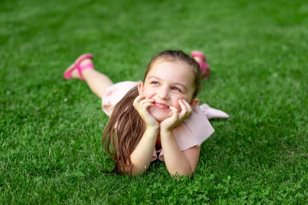 Year Old Girl Lies Park Grass Laughs Happy Childhood Child Royalty Free Stock Photos