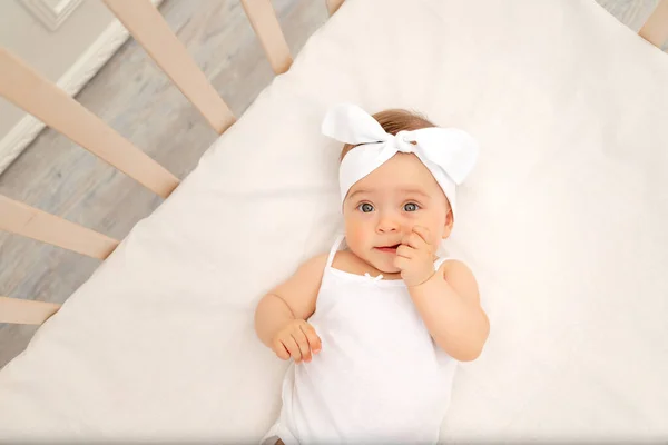 Portrait Baby Girl Months Old Bow Crib Children Room White — Stock Photo, Image