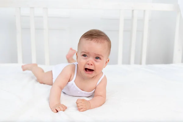 Niña Meses Acostada Cama Habitación Los Niños Sobre Estómago Llorando —  Fotos de Stock