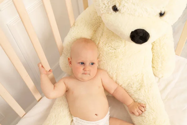 Bebé Niño Meses Sentado Pañales Una Cuna Con Oso Peluche —  Fotos de Stock