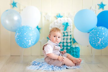 Doğum günü çocuğu. 1 yaşında bir çocuk, taşaklı bir bebek ve takım elbiseli ve papyonlu bir numara.