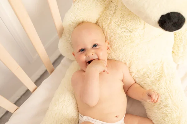 Bebé Niño Meses Sentado Pañales Una Cuna Con Oso Peluche —  Fotos de Stock