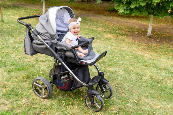 Een Klein Kind Een Meisje Van Maanden Zit Een Wandelwagen — Stockfoto