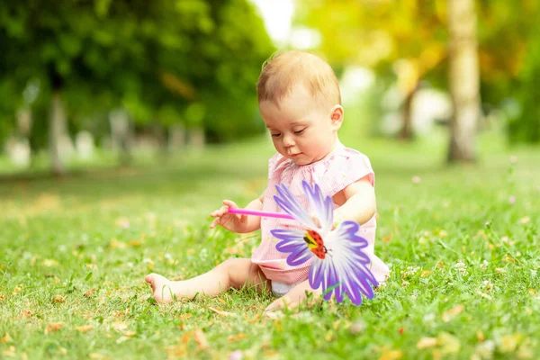 Little Baby Girl Months Old Playing Green Lawn Pink Bodysuit — Stock Photo, Image