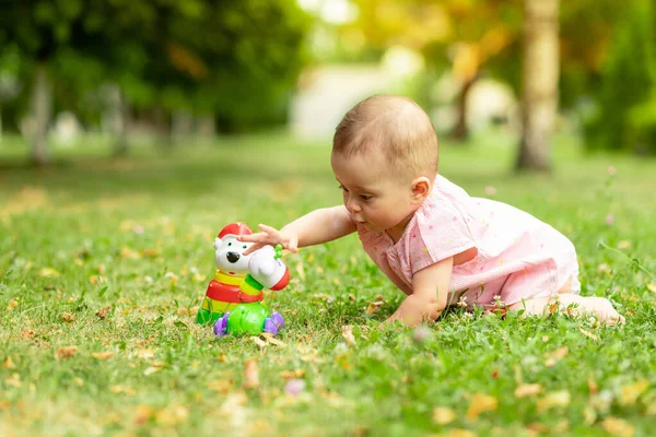 Little Baby Girl Months Old Playing Green Lawn Pink Bodysuit — Stock Photo, Image